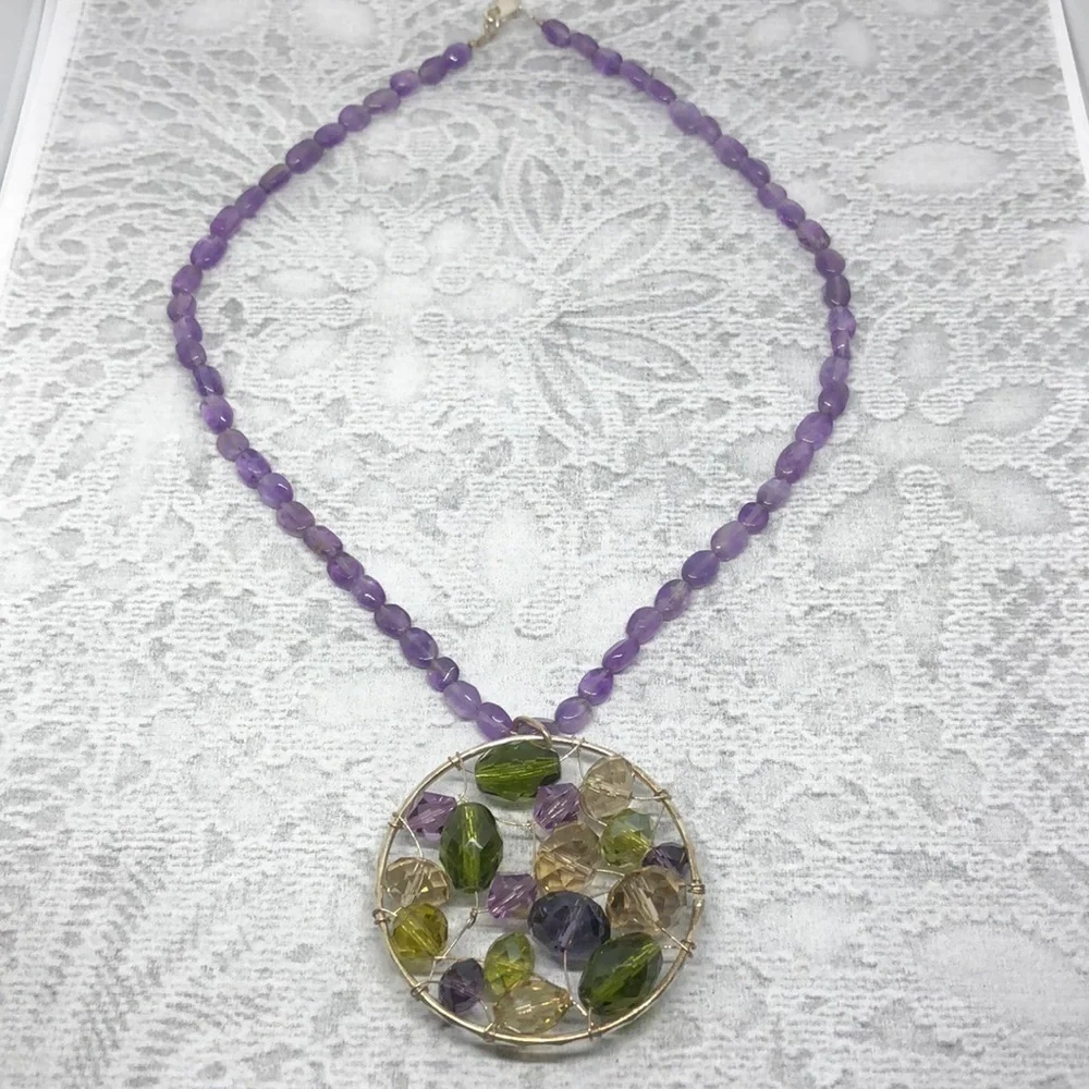 Upcycled sterling silver gemstones and crystals necklace pendant artisan boho